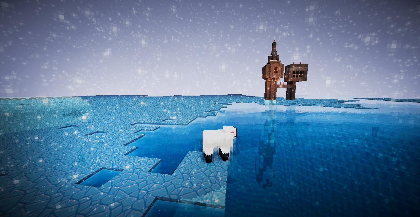 A screenshot of the map with a solitary sheep centred in the middle of an icy ocean
