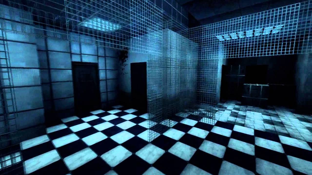 A screenshot from the map of a relatively empty room with blood on the walls