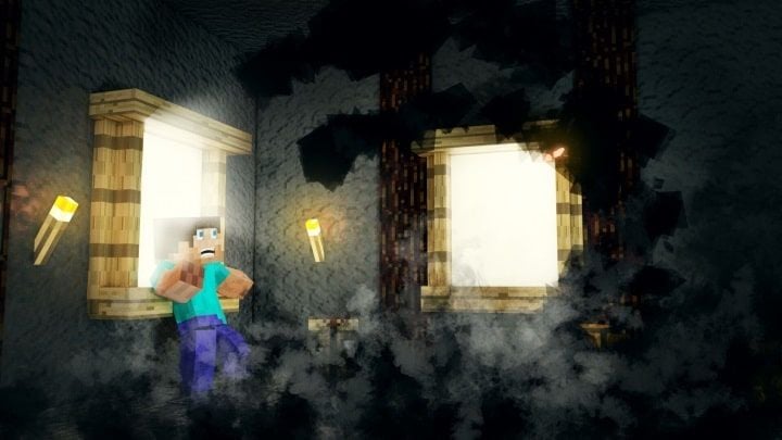 A render showing Steve facing off against a ghost-like monster