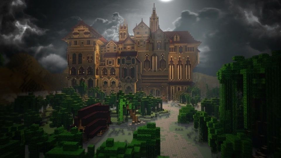 A screenshot from the map of the outside of the mansion with spooky lighting